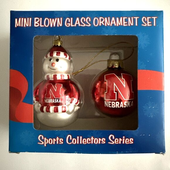 Nebraska Cornhuskers Mini Blown Glass Ornament Set Snowman & Ball Topperscot NEW - Picture 1 of 5